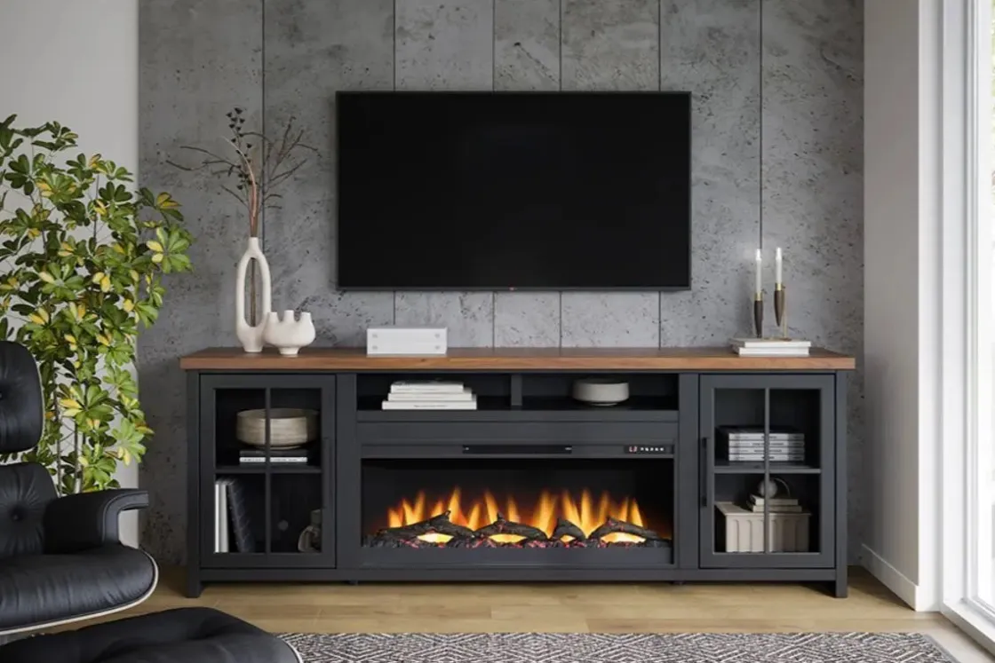 Mor Furniture Eloise Fireplace Console In Black & Whiskey, 96 Inch