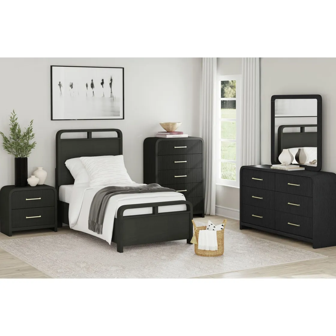 Mor Furniture Emberly Panel Bed, Dresser, Mirror & Nightstand In Black, Twin