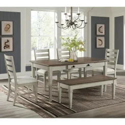 Mor Furniture Farmington Dining Table, 4 Chairs & Bench In Medium Brown/Washed Stone