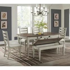 Mor Furniture Farmington Dining Table, 4 Chairs & Bench In Medium Brown/Washed Stone