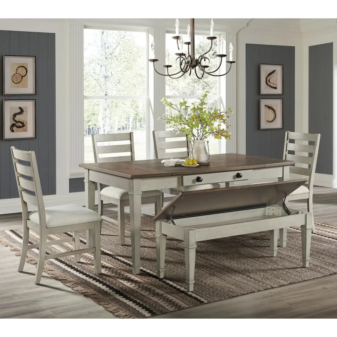 Mor Furniture Farmington Dining Table, 4 Chairs & Bench In Medium Brown/Washed Stone