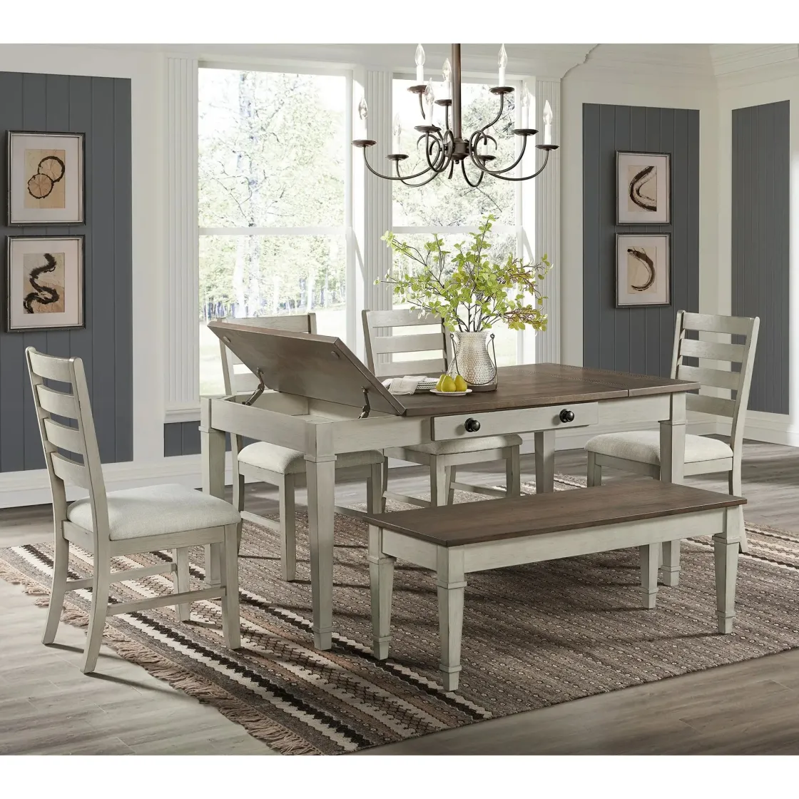Mor Furniture Farmington Dining Table, 4 Chairs & Bench In Medium Brown/Washed Stone