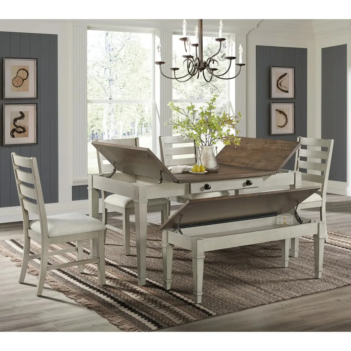 Mor Furniture Farmington Dining Table, 4 Chairs & Bench In Medium Brown/Washed Stone