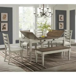 Mor Furniture Farmington Dining Table, 4 Chairs & Bench In Medium Brown/Washed Stone