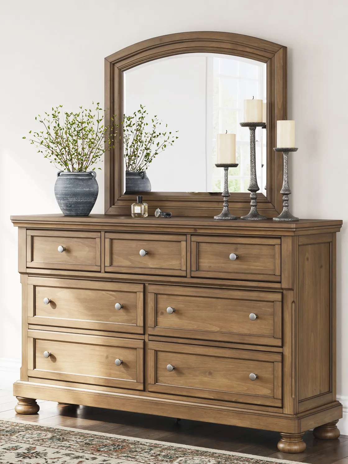 Mor Furniture Feddinger Panel Bed, Dresser, Mirror & Nightstand In Medium Brown, Queen