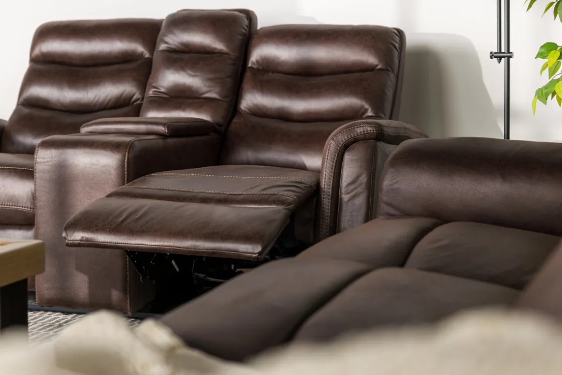 Mor Furniture Forte Reclining Console Loveseat In Dark Brown