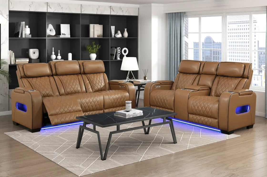 Mor Furniture Gallington 2 Power Sofa W/ Drop Down Console In Brown