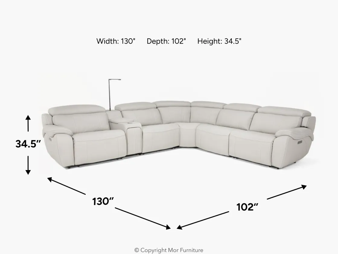 Mor Furniture Imperial 6 Piece 2 Power Sectional W/ 2 Power Armless Recliner In Blanca Light Gray Leather