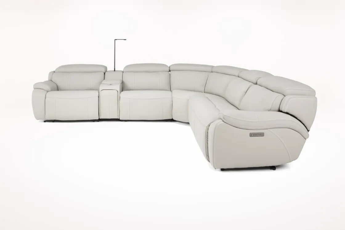 Mor Furniture Imperial 6 Piece 2 Power Sectional W/ 2 Power Armless Recliner In Blanca Light Gray Leather