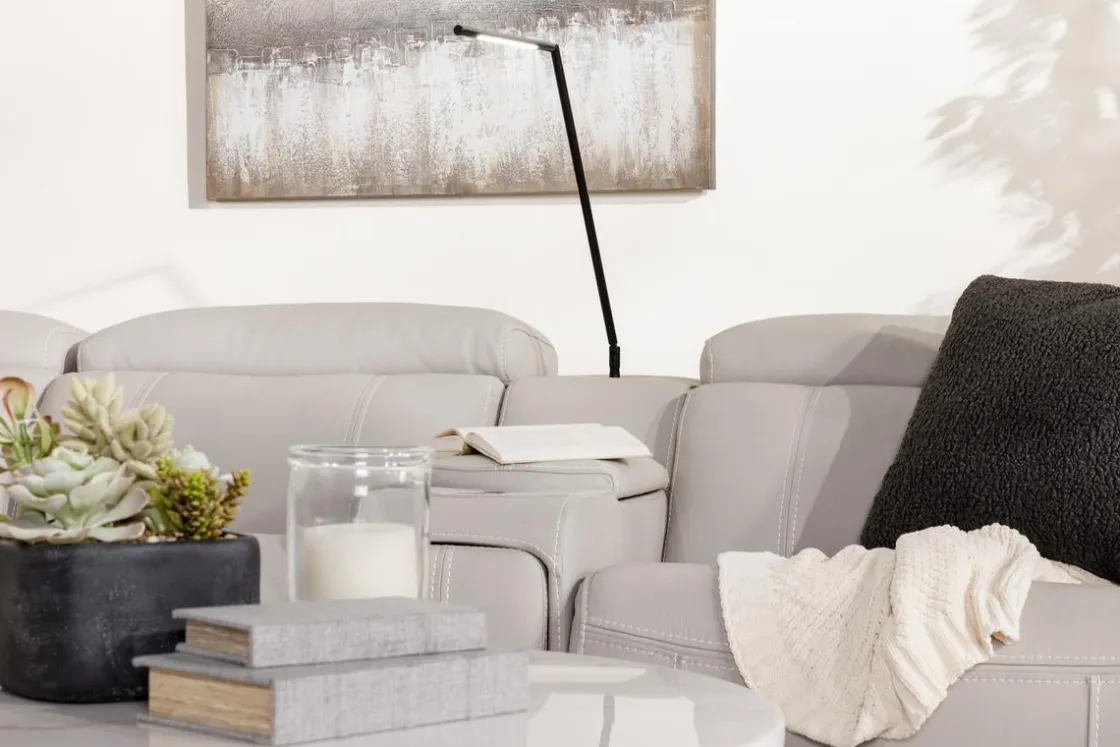 Mor Furniture Imperial 6 Piece 2 Power Sectional W/ 2 Power Armless Recliner In Blanca Light Gray Leather