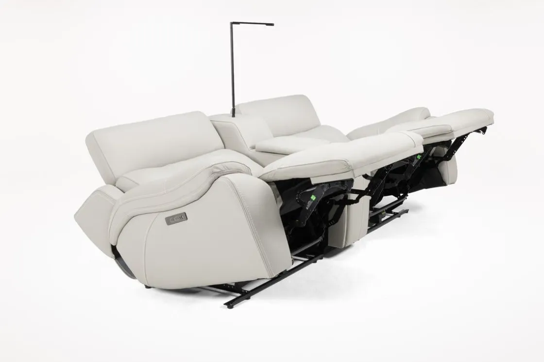 Mor Furniture Imperial 2 Power Console Loveseat In Blanca Light Gray Leather