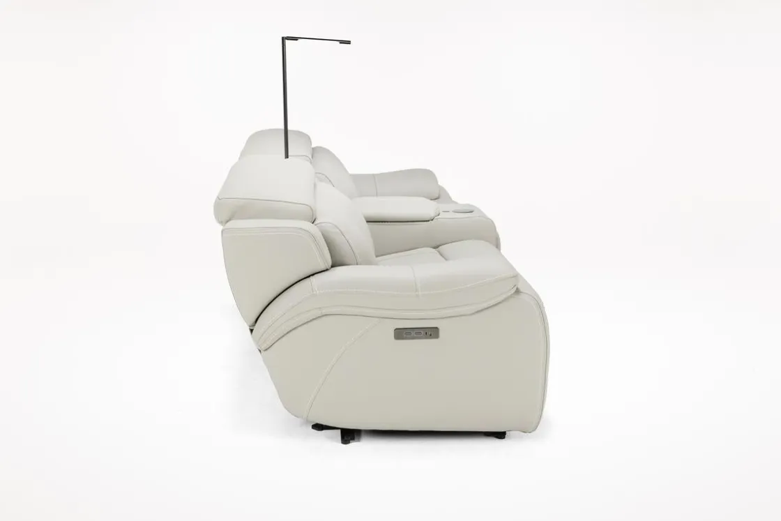 Mor Furniture Imperial 2 Power Console Loveseat In Blanca Light Gray Leather