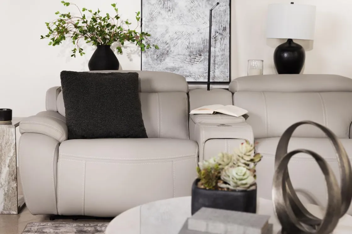 Mor Furniture Imperial 2 Power Console Loveseat In Blanca Light Gray Leather