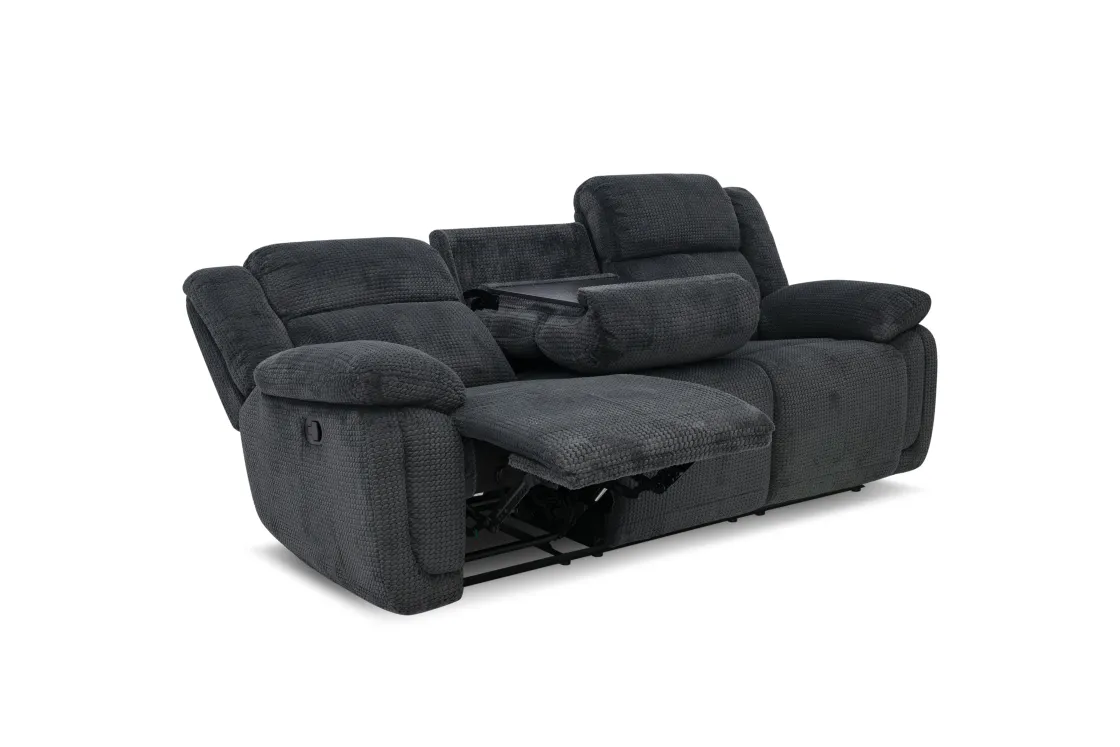 Mor Furniture Jayne Reclining Sofa W/ Drop Down Table & Console Loveseat In Charcoal