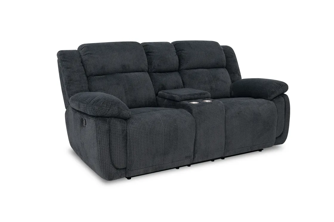 Mor Furniture Jayne Reclining Sofa W/ Drop Down Table & Console Loveseat In Charcoal