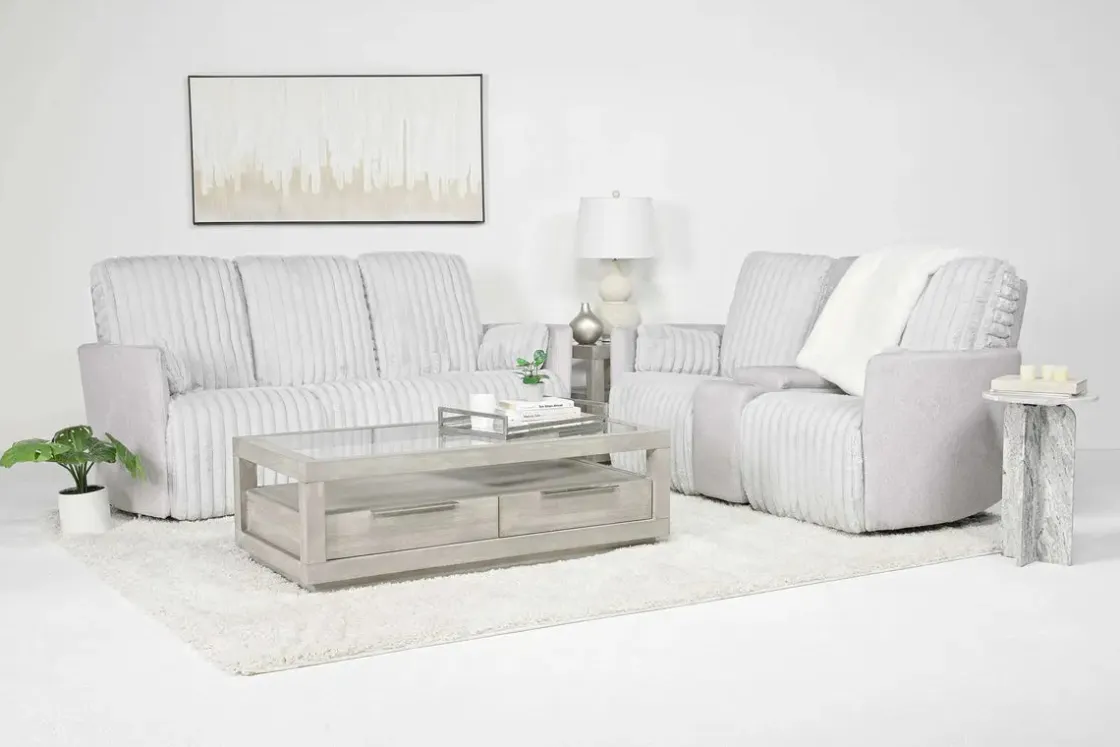 Mor Furniture Jessica Reclining Console Loveseat In Presley Fog/Charlotte Mist