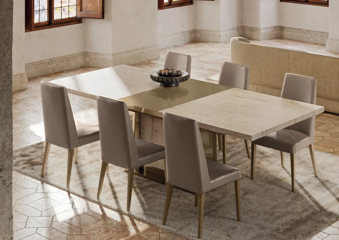 Mor Furniture Jo 83" Dining Table & 6 Chairs In Gold/Travertino Eco Stone