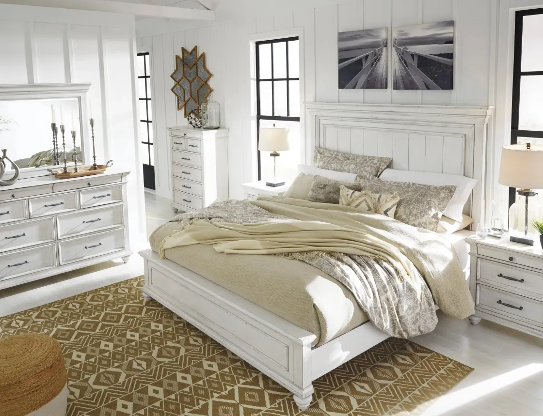 Mor Furniture Kanwyn Panel Bed, Dresser, Mirror & Nightstand In White Wash, Queen