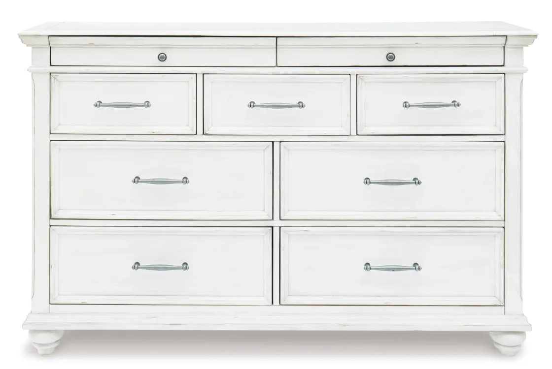 Mor Furniture Kanwyn Panel Bed, Dresser, Mirror & Nightstand In White Wash, Queen