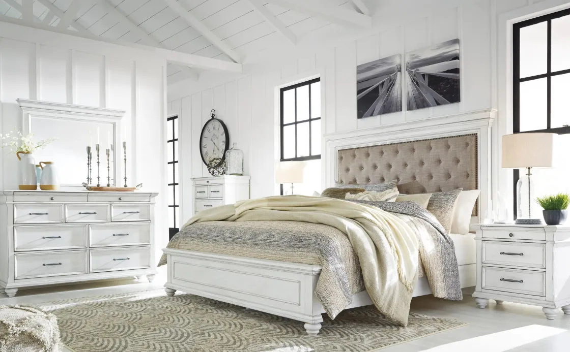 Mor Furniture Kanwyn Upholstered Panel Bed, Dresser, Mirror & Nightstand In White Wash, Queen