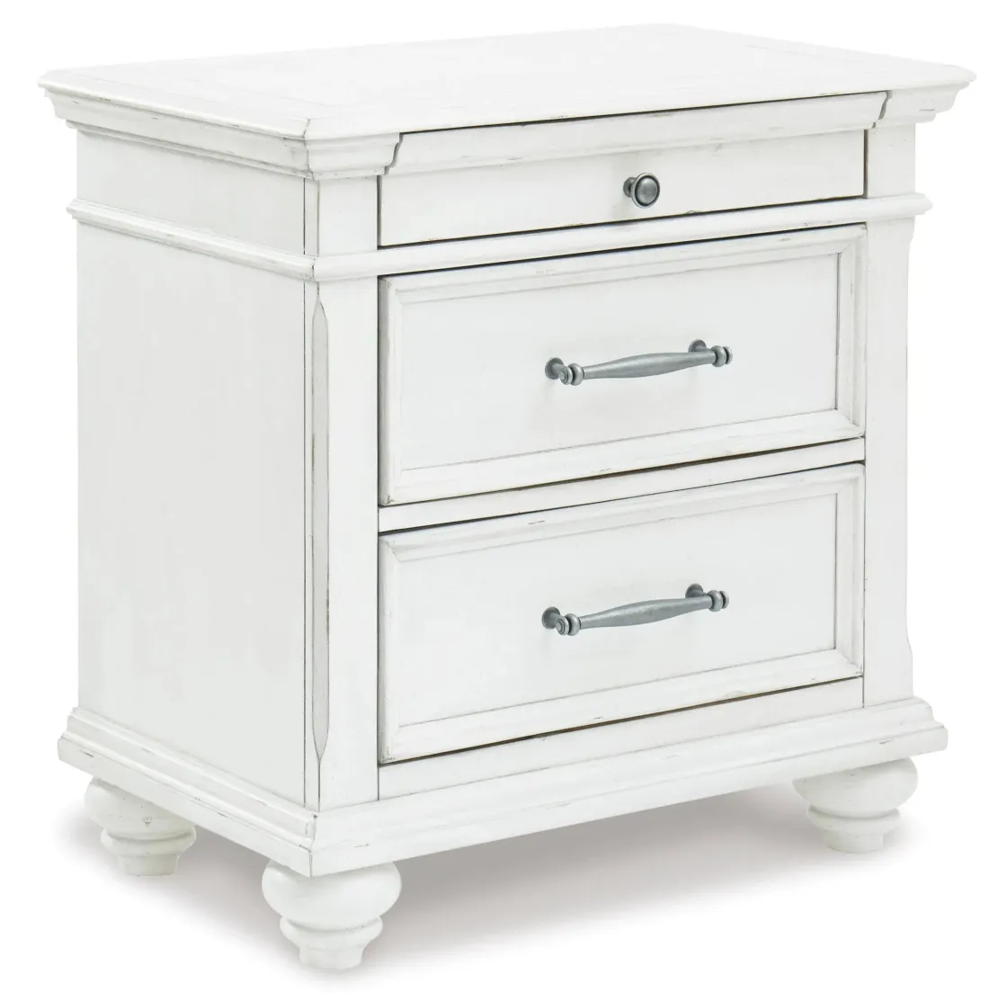 Mor Furniture Kanwyn Upholstered Panel Bed, Dresser, Mirror & Nightstand In White Wash, Queen