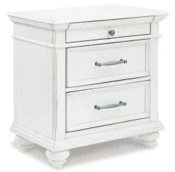 Mor Furniture Kanwyn Upholstered Panel Bed, Dresser, Mirror & Nightstand In White Wash, Queen