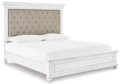 Mor Furniture Kanwyn Upholstered Panel Bed, Dresser, Mirror & Nightstand In White Wash, Queen