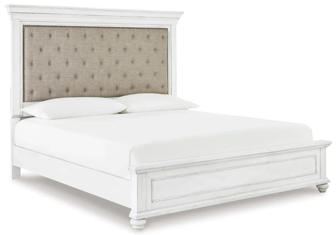 Mor Furniture Kanwyn Upholstered Panel Bed, Dresser, Mirror & Nightstand In White Wash, Queen