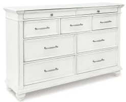 Mor Furniture Kanwyn Upholstered Panel Bed, Dresser, Mirror & Nightstand In White Wash, Queen