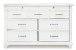 Mor Furniture Kanwyn Upholstered Panel Bed W/ Storage, Dresser, Mirror & Nightstand In White Wash, Queen