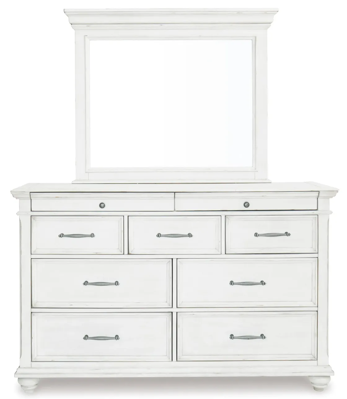 Mor Furniture Kanwyn Upholstered Panel Bed W/ Storage, Dresser, Mirror & Nightstand In White Wash, Queen