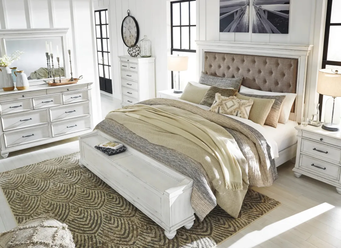 Mor Furniture Kanwyn Upholstered Panel Bed W/ Storage, Dresser, Mirror & Nightstand In White Wash, Queen