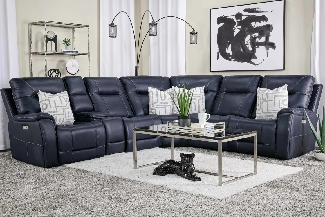 Mor Furniture Kingston 6 Piece 3 Power Sectional W/ 3 Power Armless Recliner In Canyon Ocean