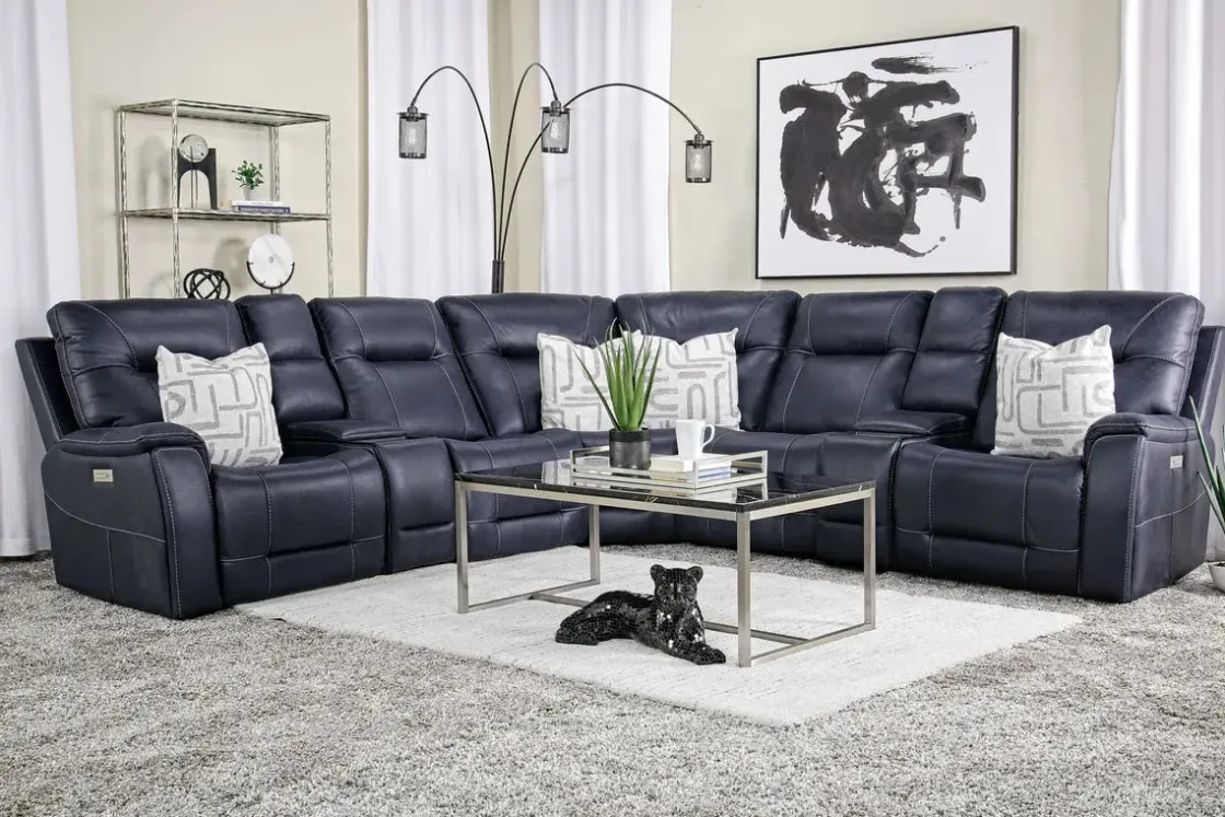 Mor Furniture Kingston 7 Piece Sectional W/ 3 Power Armless Recliner & Usb In Canyon Ocean