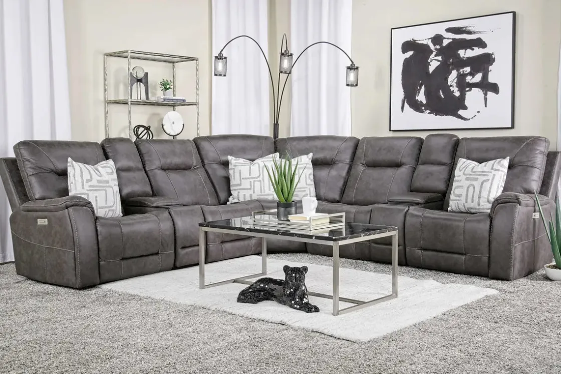 Mor Furniture Kingston 7 Piece Sectional W/ 3 Power Armless Recliner & Usb In Canyon Ocean