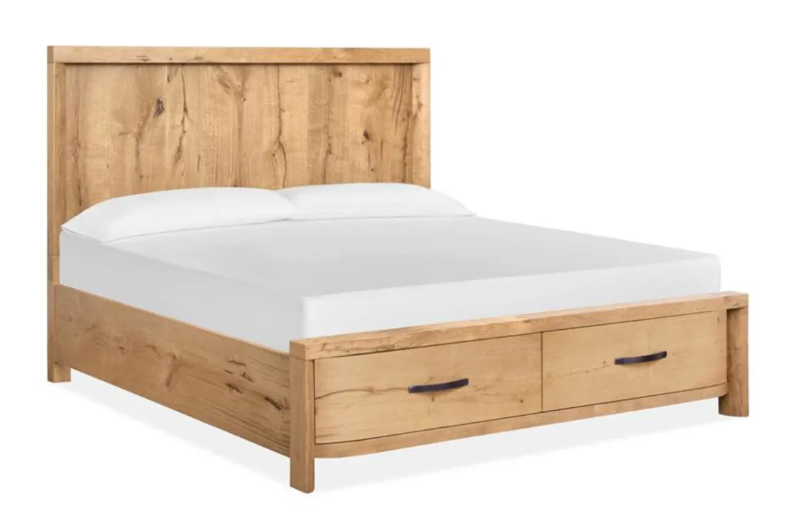 Mor Furniture Laramie Panel Bed W/ Storage, Dresser, Mirror & 2 Drawer Nightstand In Honey Wheat, Queen