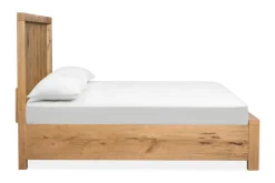Mor Furniture Laramie Panel Bed W/ Storage, Dresser, Mirror & 2 Drawer Nightstand In Honey Wheat, Queen