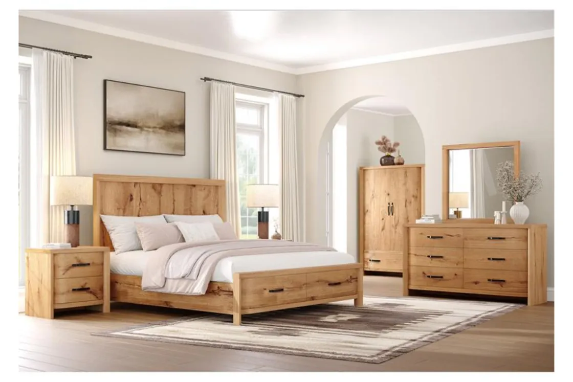 Mor Furniture Laramie Panel Bed W/ Storage, Dresser, Mirror & 2 Drawer Nightstand In Honey Wheat, Queen