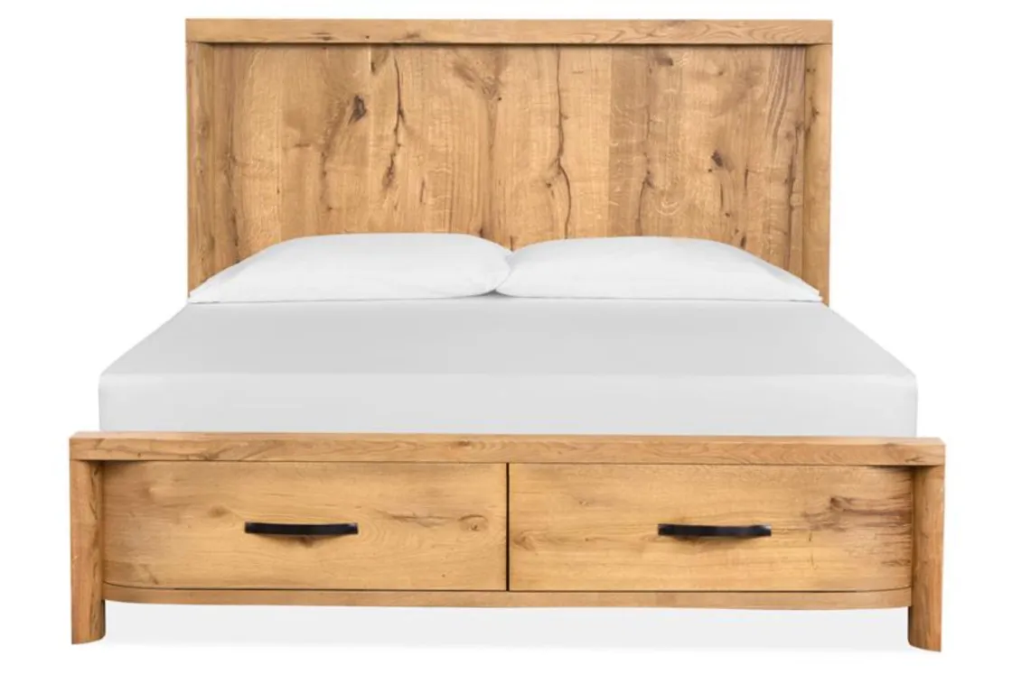 Mor Furniture Laramie Panel Bed W/ Storage, Dresser, Mirror & 2 Drawer Nightstand In Honey Wheat, Queen