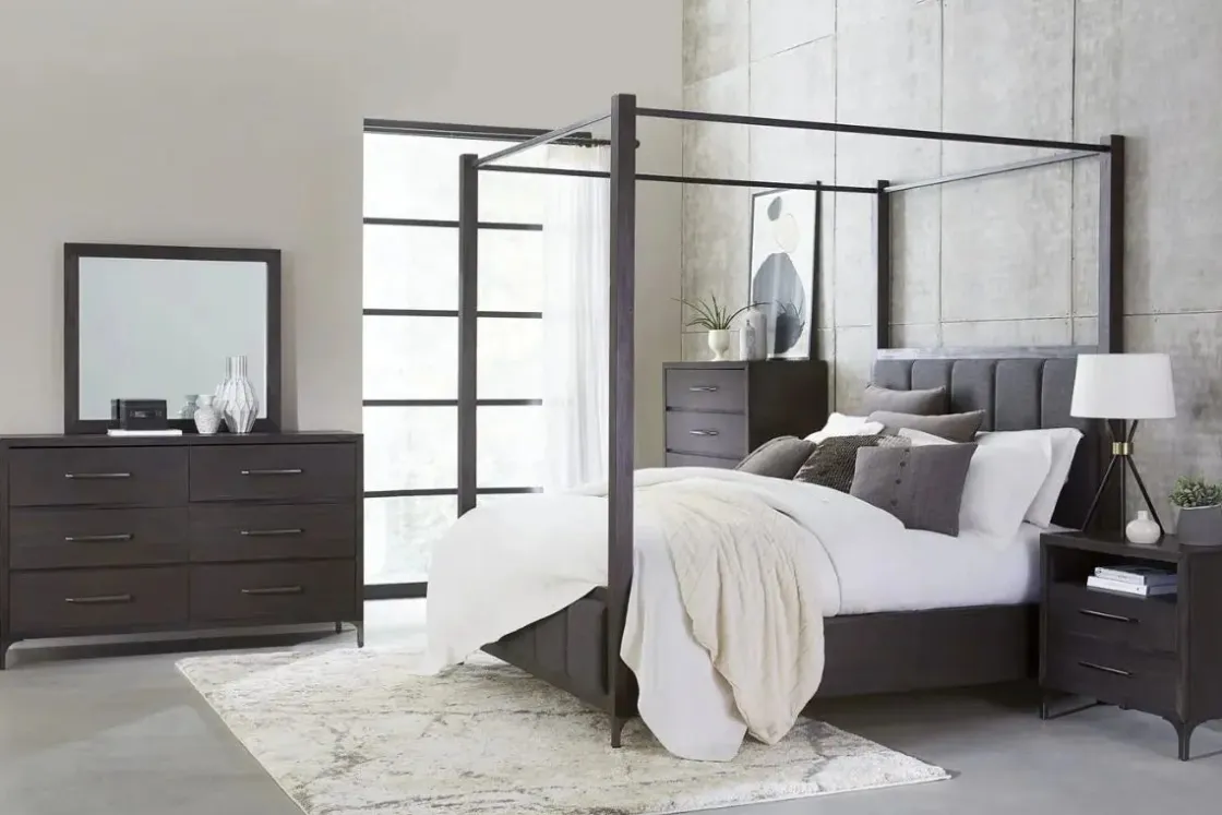 Mor Furniture Lucerne Upholstered Canopy Bed In Vintage Coffee, Queen