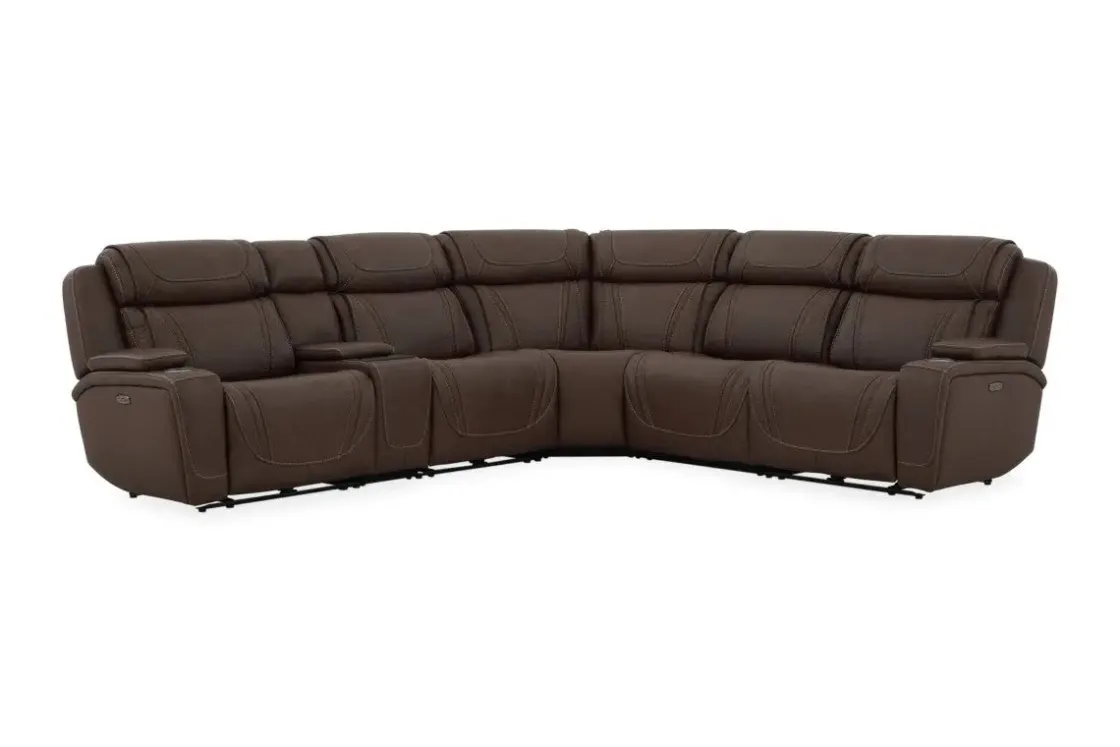 Mor Furniture Max 6 Piece 2 Power Sectional W/ 2 Power Armless Recliner In Aline Timber Leather