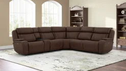 Mor Furniture Max 6 Piece 2 Power Sectional W/ 2 Power Armless Recliner In Aline Timber Leather