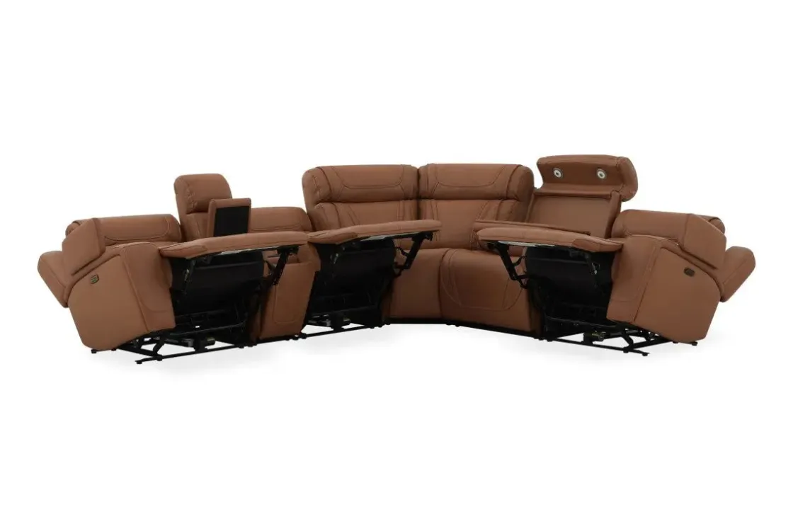 Mor Furniture Max 6 Piece 2 Power Sectional W/ 2 Power Armless Recliner In Aline Timber Leather