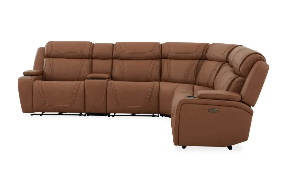 Mor Furniture Max 6 Piece 2 Power Sectional W/ 2 Power Armless Recliner In Aline Timber Leather
