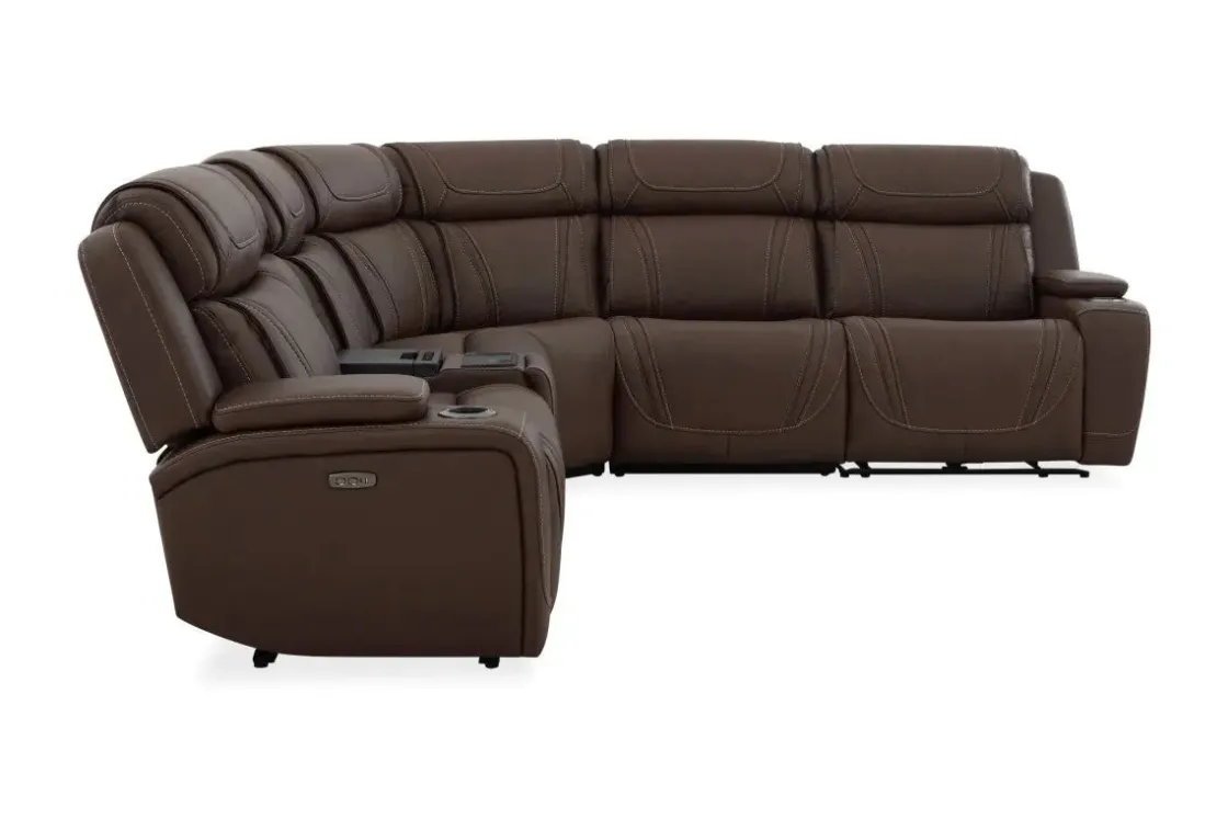Mor Furniture Max 6 Piece 2 Power Sectional W/ 2 Power Armless Recliner In Aline Timber Leather