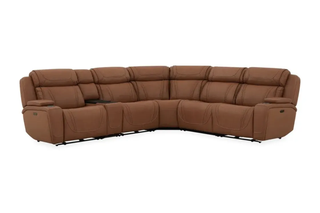 Mor Furniture Max 6 Piece 2 Power Sectional W/ 2 Power Armless Recliner In Aline Timber Leather