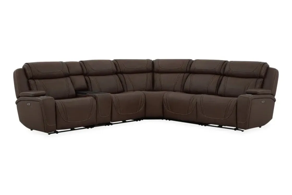 Mor Furniture Max 6 Piece 2 Power Sectional W/ 2 Power Armless Recliner In Aline Timber Leather