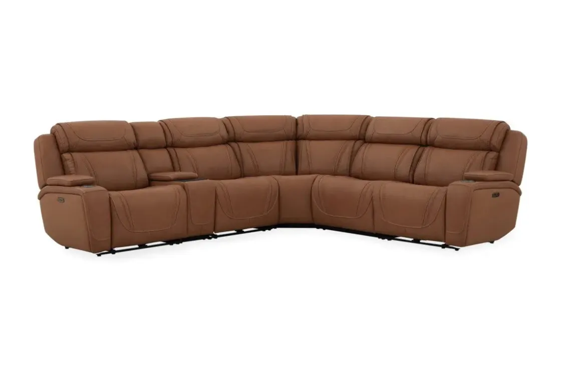Mor Furniture Max 6 Piece 2 Power Sectional W/ 2 Power Armless Recliner In Aline Timber Leather