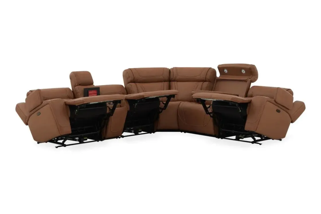 Mor Furniture Max 6 Piece 2 Power Sectional W/ 2 Power Armless Recliner In Aline Timber Leather