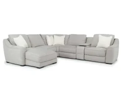 Mor Furniture Mayflower 6 Piece 2 Power Chaise Sectional W/ Audio Console In Ashland Sand, Left Facing
